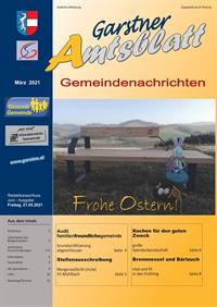 1. Seite des Amtsblattes in gelb/blau, Foto der neuen Garstnerbank mit Osterhasen und Eier