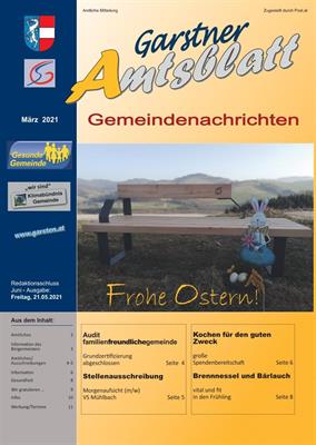 1. Seite des Amtsblattes in gelb/blau, Foto der neuen Garstnerbank mit Osterhasen und Eier